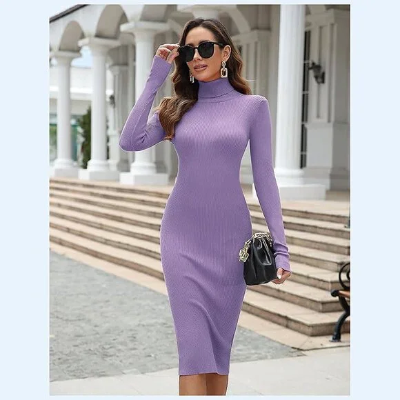 Women's Turtleneck Ribbed Knit Long Sleeve Slim Fit Sweater Dress